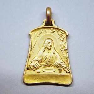 Vintage French FIX Gold Filled Communion Medal Tairac signed Chalice IHS Pendant